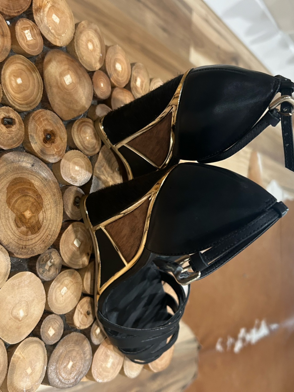 Black and Gold Wedge Sandals with Ankle Strap